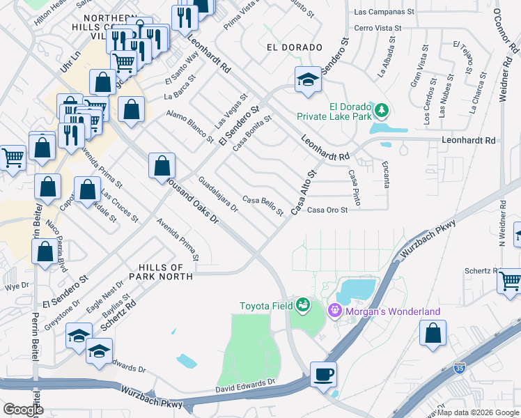 map of restaurants, bars, coffee shops, grocery stores, and more near 4818 Casa Bello Street in San Antonio