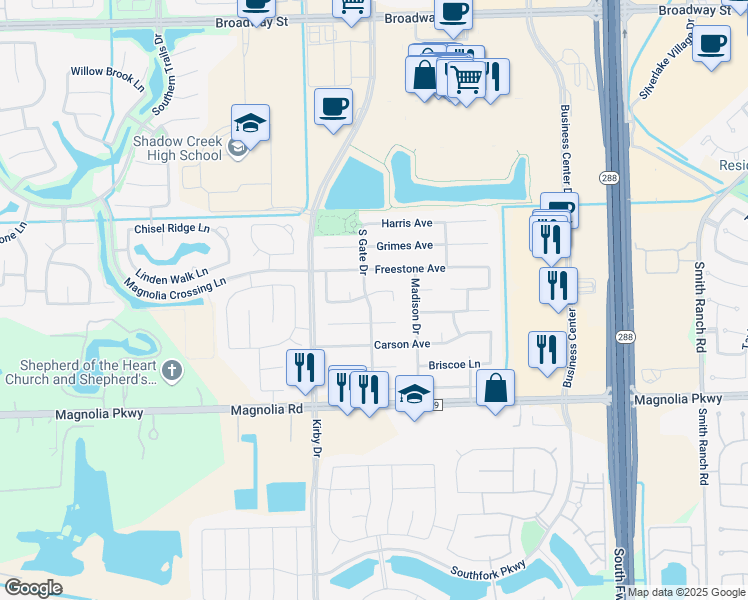 map of restaurants, bars, coffee shops, grocery stores, and more near 11410 Yoakum Street in Pearland