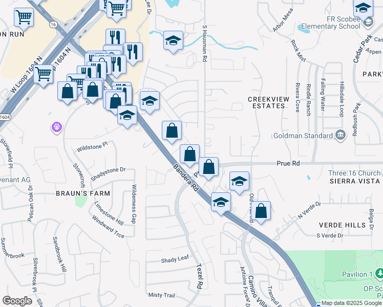 map of restaurants, bars, coffee shops, grocery stores, and more near 10950 Biering Lane in San Antonio