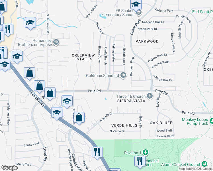 map of restaurants, bars, coffee shops, grocery stores, and more near 10742 Rivera Cove in San Antonio