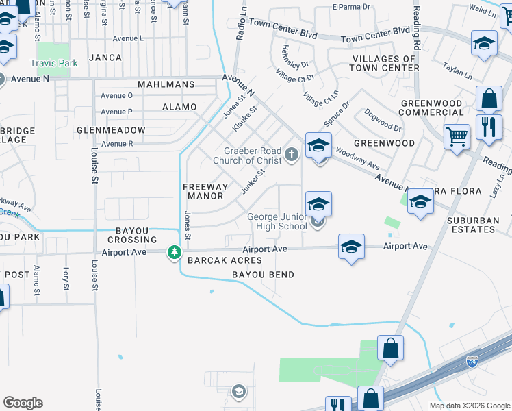 map of restaurants, bars, coffee shops, grocery stores, and more near 4208 Junker Street in Rosenberg
