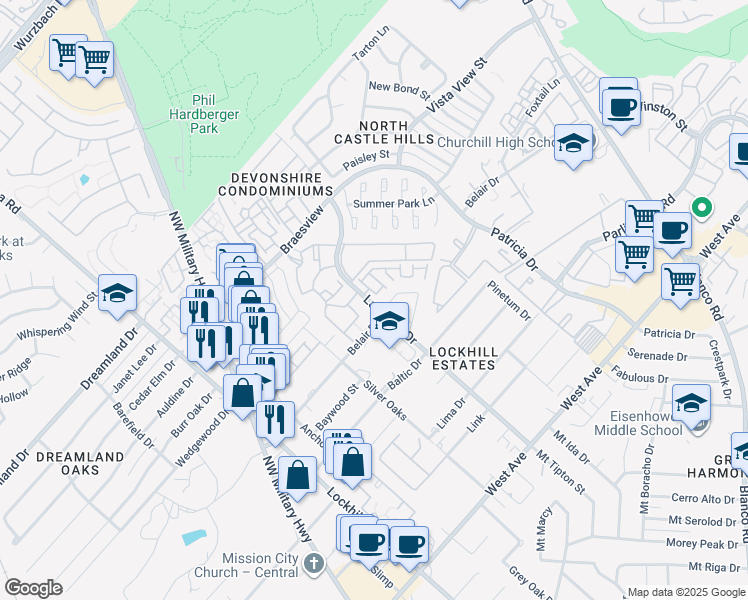 map of restaurants, bars, coffee shops, grocery stores, and more near in San Antonio