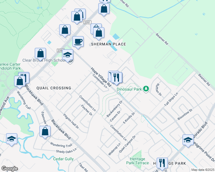 map of restaurants, bars, coffee shops, grocery stores, and more near 15815 Contender Lane in Friendswood
