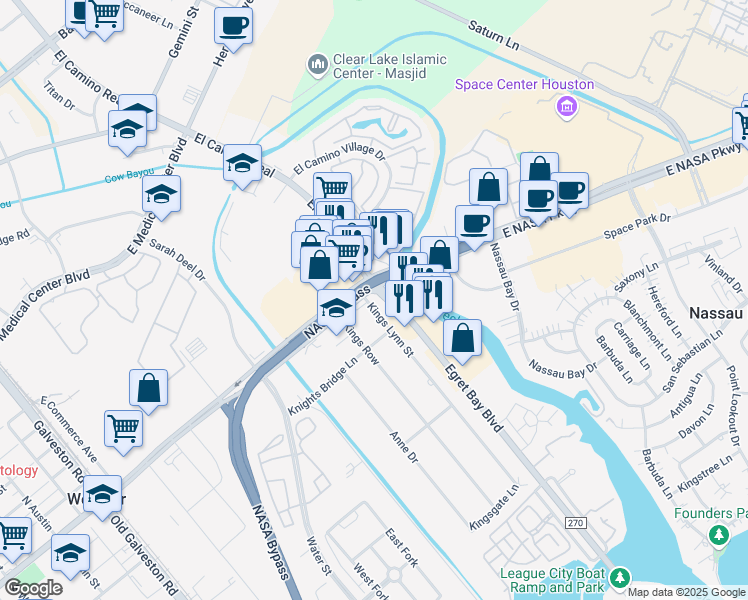 map of restaurants, bars, coffee shops, grocery stores, and more near 1052 East Nasa Parkway in Houston