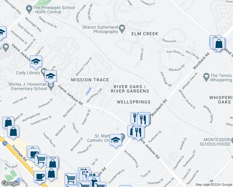 map of restaurants, bars, coffee shops, grocery stores, and more near 3439 River North Drive in San Antonio