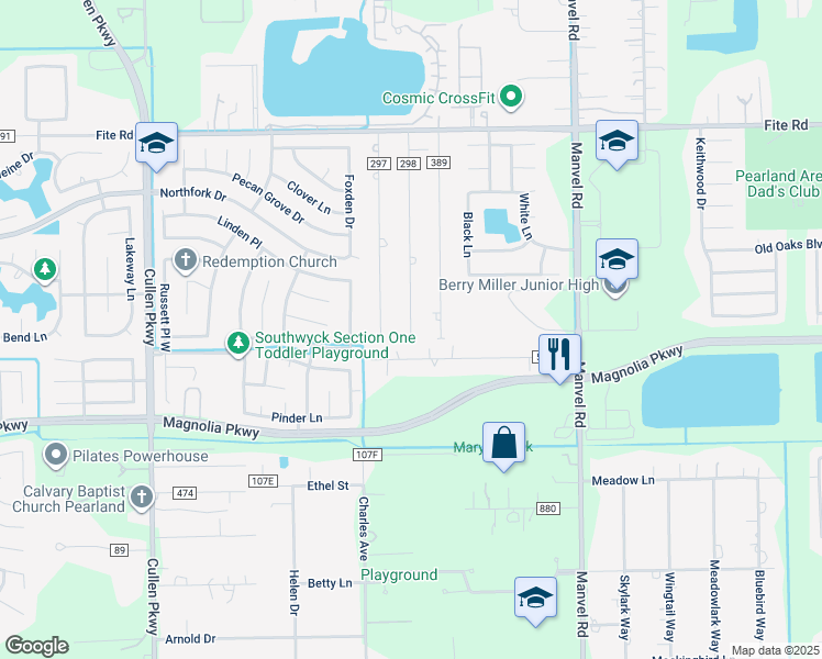 map of restaurants, bars, coffee shops, grocery stores, and more near 2839 Oak Road in Pearland