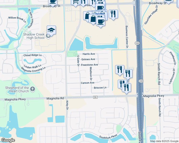 map of restaurants, bars, coffee shops, grocery stores, and more near 3403 Kleberg Court in Pearland