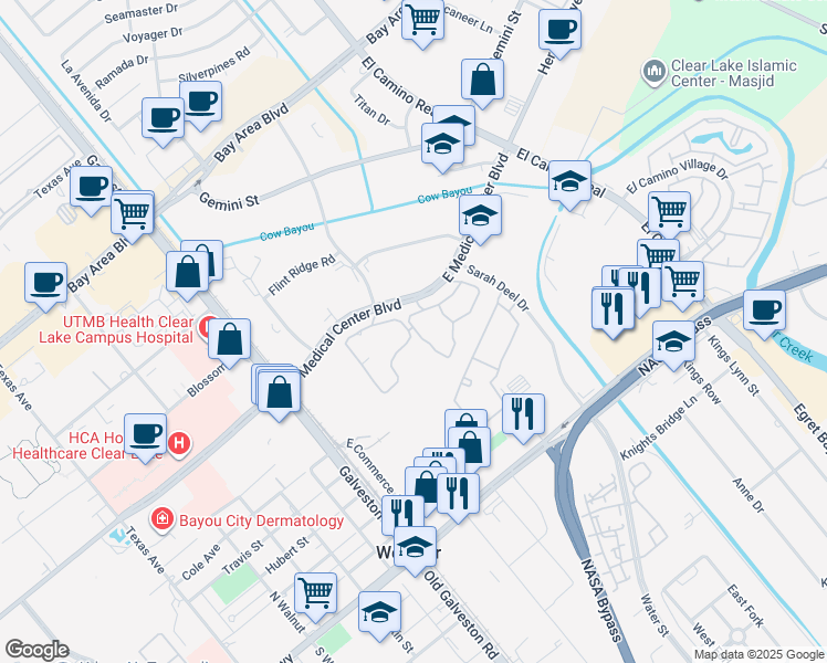 map of restaurants, bars, coffee shops, grocery stores, and more near 600 East Medical Center Boulevard in Webster