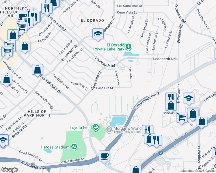 map of restaurants, bars, coffee shops, grocery stores, and more near 5010 Casa Verde Street in San Antonio