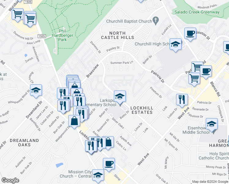 map of restaurants, bars, coffee shops, grocery stores, and more near in San Antonio