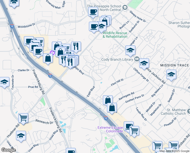map of restaurants, bars, coffee shops, grocery stores, and more near 11600 Huebner Road in San Antonio