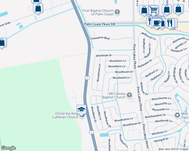 map of restaurants, bars, coffee shops, grocery stores, and more near 28 Woodside Drive in Palm Coast