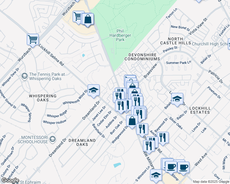 map of restaurants, bars, coffee shops, grocery stores, and more near 2370 Northwest Military Highway in San Antonio