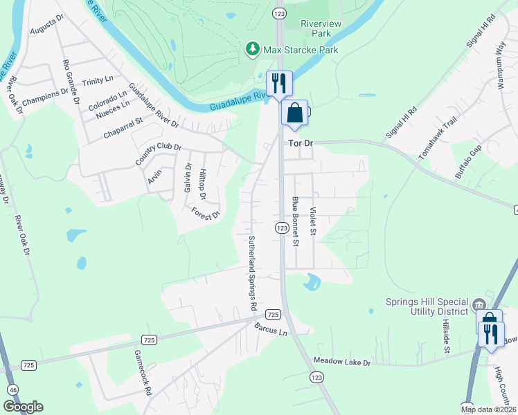 map of restaurants, bars, coffee shops, grocery stores, and more near 4051 Sutherland Springs Road in Seguin