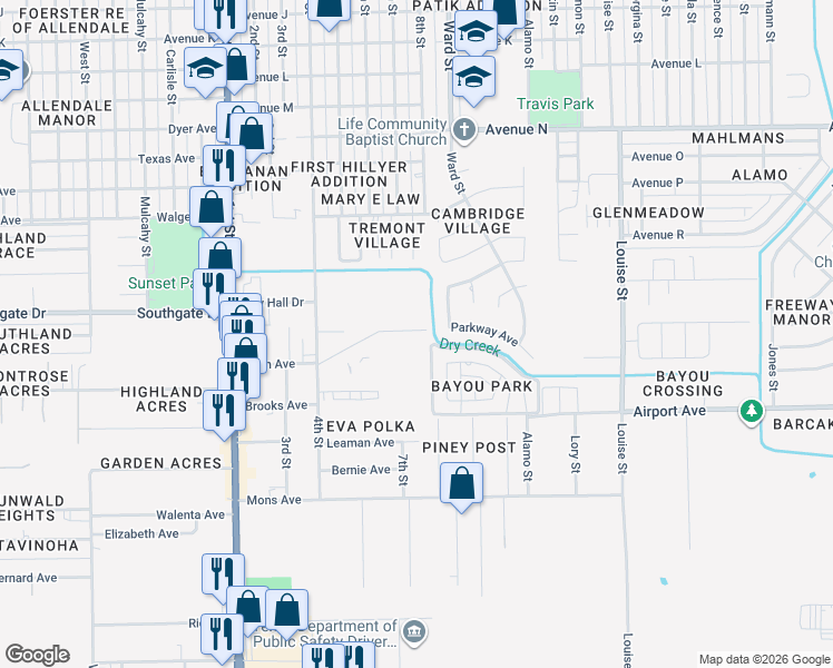 map of restaurants, bars, coffee shops, grocery stores, and more near 1203 Miles St in Rosenberg