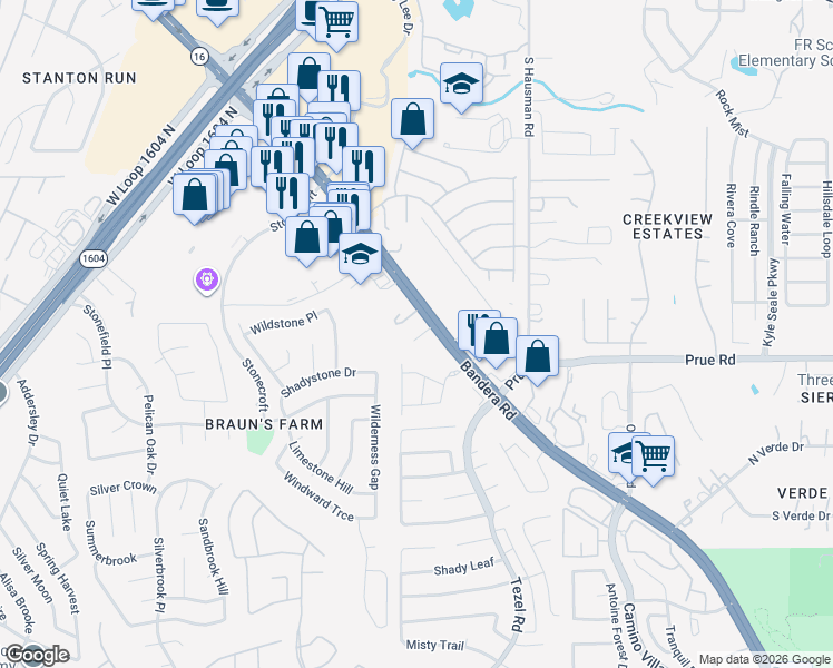 map of restaurants, bars, coffee shops, grocery stores, and more near 11049 Bandera Road in San Antonio