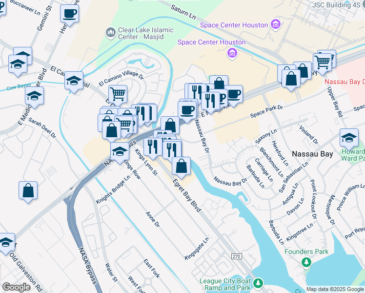map of restaurants, bars, coffee shops, grocery stores, and more near 1110 East Nasa Parkway in Houston