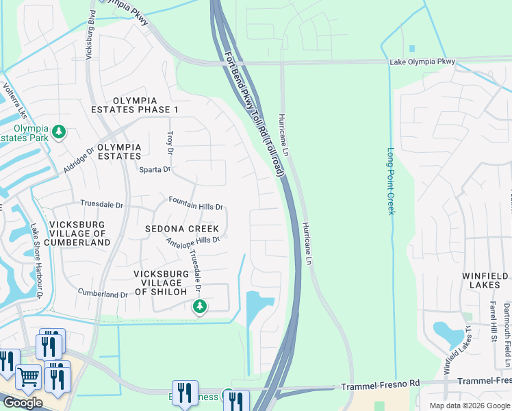 map of restaurants, bars, coffee shops, grocery stores, and more near 3102 Dry Creek Drive in Missouri City