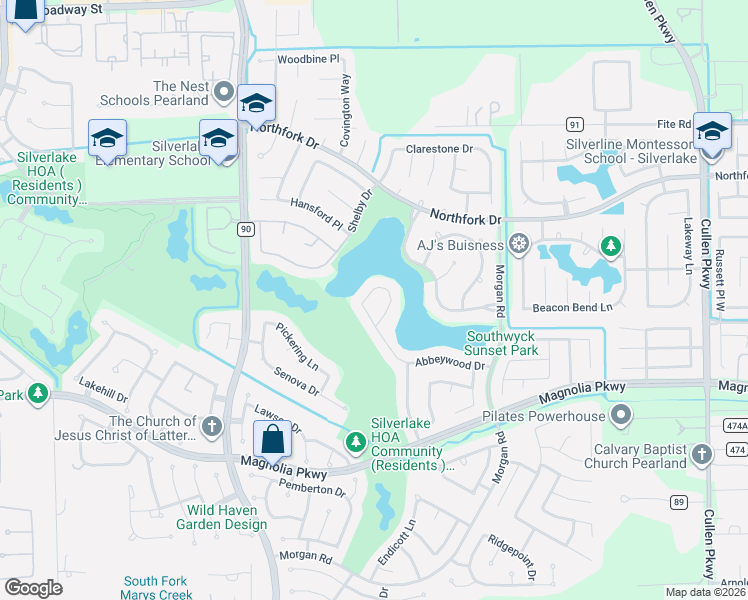 map of restaurants, bars, coffee shops, grocery stores, and more near 2607 West Bainbridge Circle in Pearland