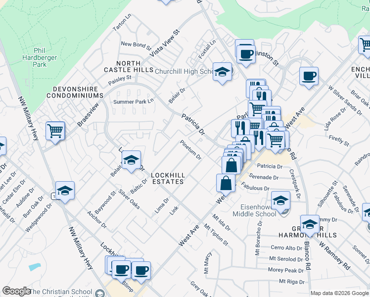 map of restaurants, bars, coffee shops, grocery stores, and more near 1714 Pinetum Drive in San Antonio