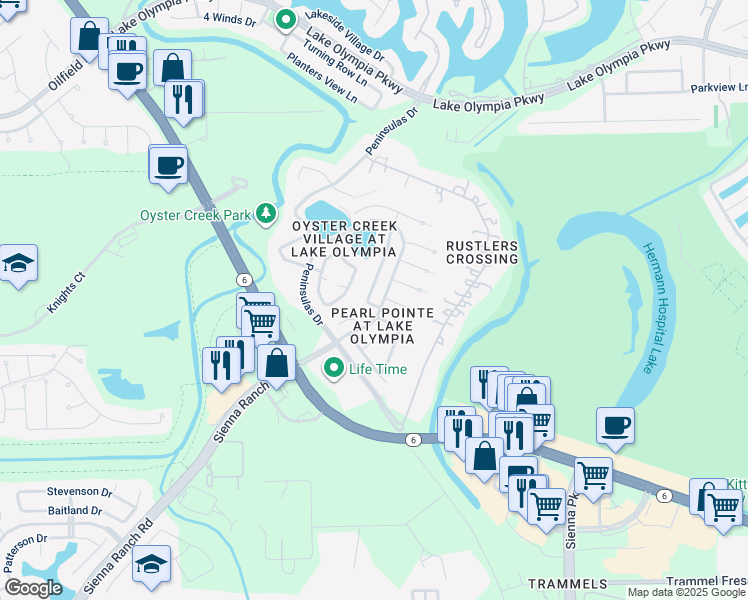 map of restaurants, bars, coffee shops, grocery stores, and more near 8035 Myrtle Lane in Missouri City