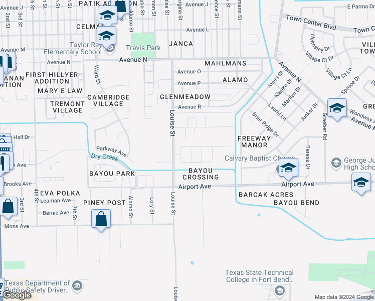 map of restaurants, bars, coffee shops, grocery stores, and more near 2122 Hackberry Bank Lane in Rosenberg