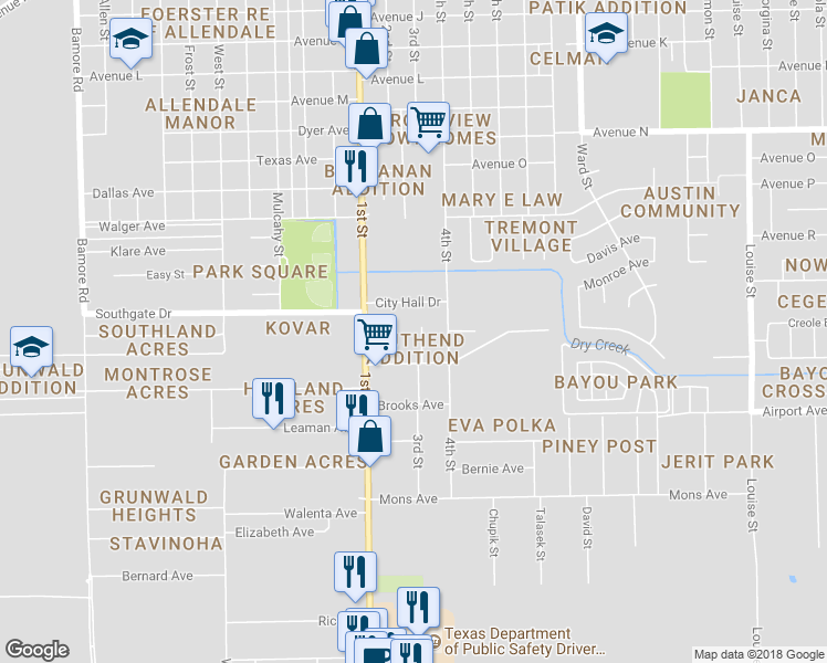 map of restaurants, bars, coffee shops, grocery stores, and more near 2202 3rd Street in Rosenberg