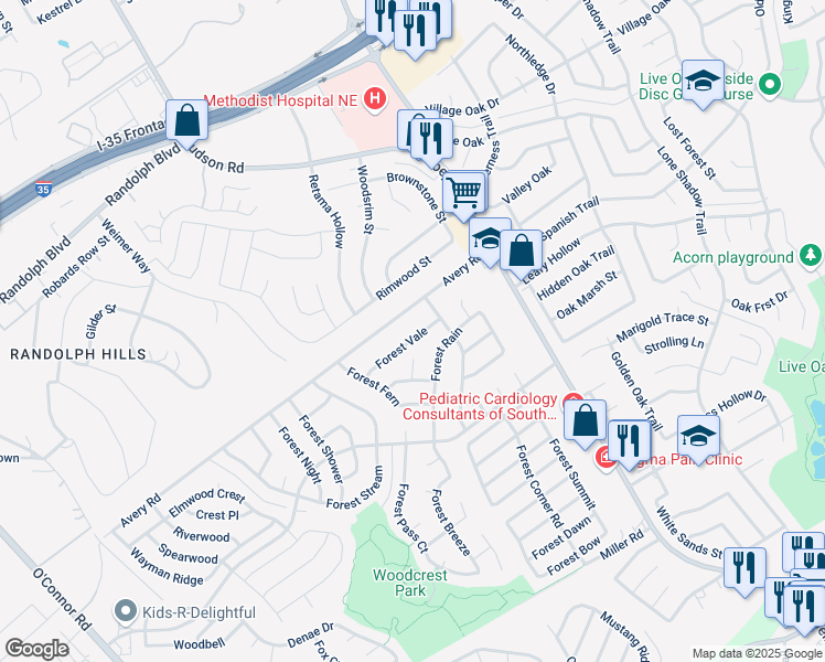map of restaurants, bars, coffee shops, grocery stores, and more near 7633 Forest Vale in San Antonio