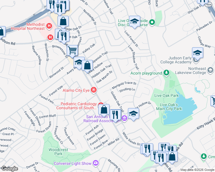 map of restaurants, bars, coffee shops, grocery stores, and more near 7642 Antique Oak Street in Live Oak