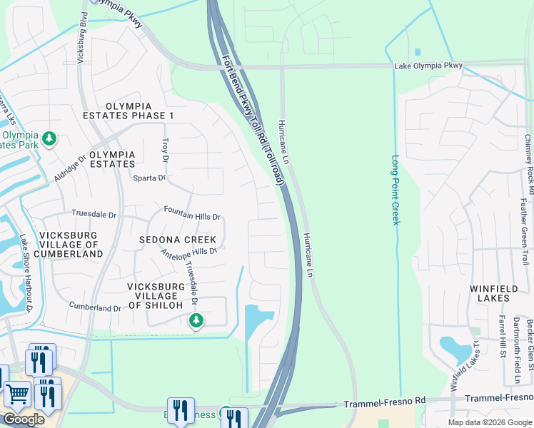 map of restaurants, bars, coffee shops, grocery stores, and more near 3102 Dry Creek Drive in Missouri City