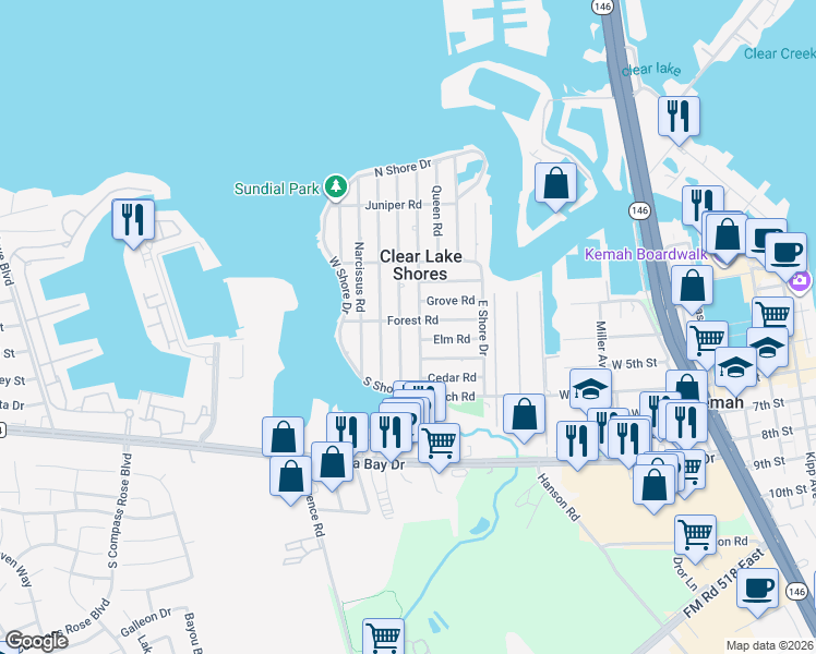 map of restaurants, bars, coffee shops, grocery stores, and more near 1017 Forest Road in Kemah