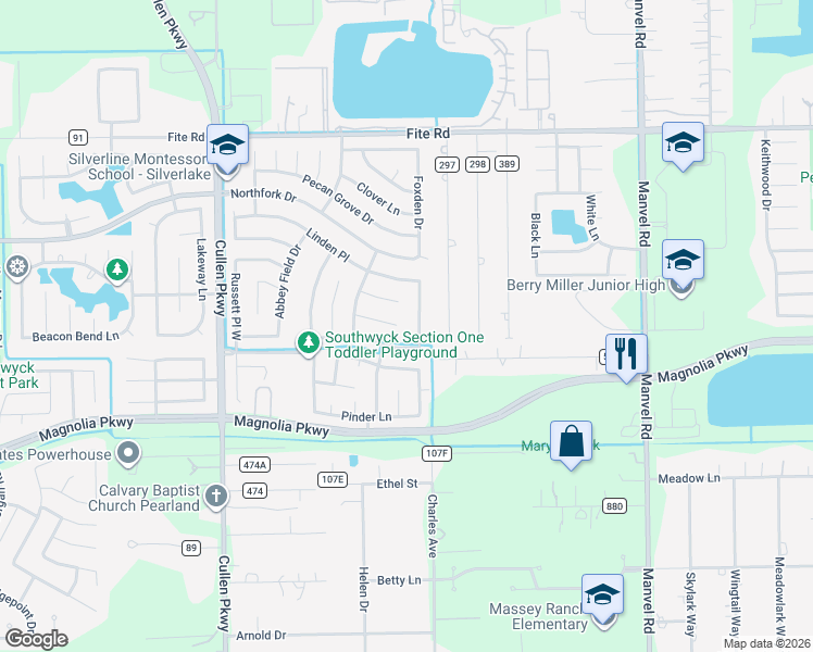 map of restaurants, bars, coffee shops, grocery stores, and more near 2906 Foxden Drive in Pearland