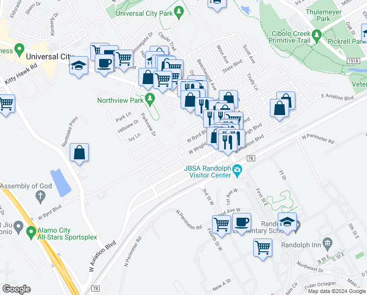 map of restaurants, bars, coffee shops, grocery stores, and more near 326 West Byrd Boulevard in Universal City
