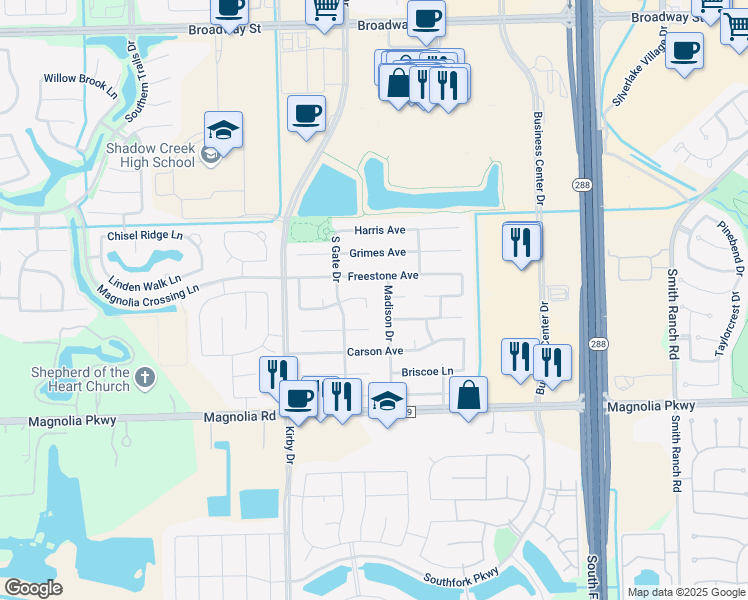map of restaurants, bars, coffee shops, grocery stores, and more near 3403 Kleberg Court in Pearland