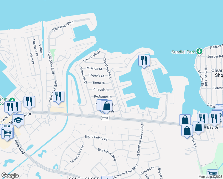 map of restaurants, bars, coffee shops, grocery stores, and more near 602 Harborside Way in Kemah