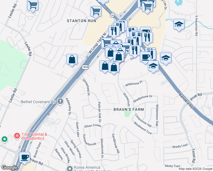 map of restaurants, bars, coffee shops, grocery stores, and more near 9727 Turquoise Creek in San Antonio