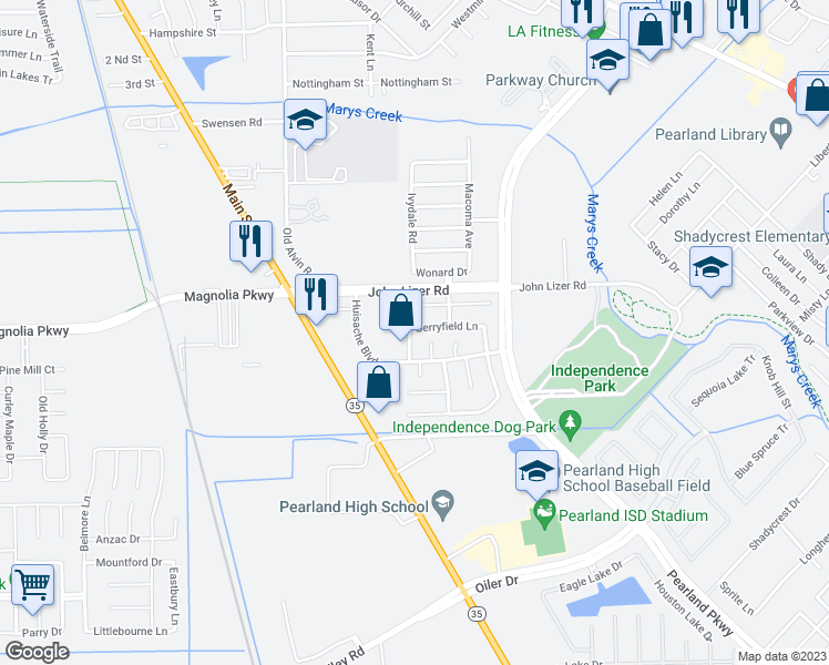 map of restaurants, bars, coffee shops, grocery stores, and more near 3401 Wheatstalk Lane in Pearland