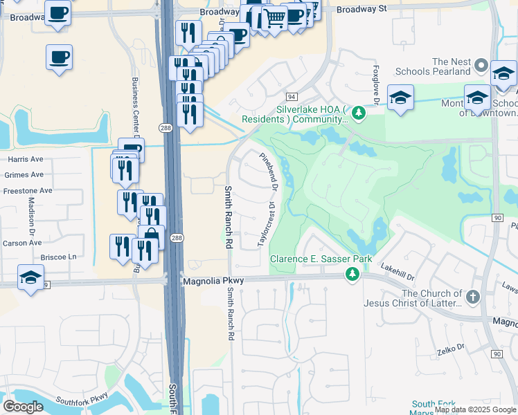 map of restaurants, bars, coffee shops, grocery stores, and more near 2634 Landera Court in Pearland