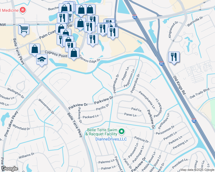 map of restaurants, bars, coffee shops, grocery stores, and more near 13 Peylo Pl in Palm Coast