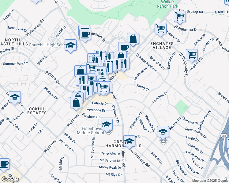 map of restaurants, bars, coffee shops, grocery stores, and more near in San Antonio