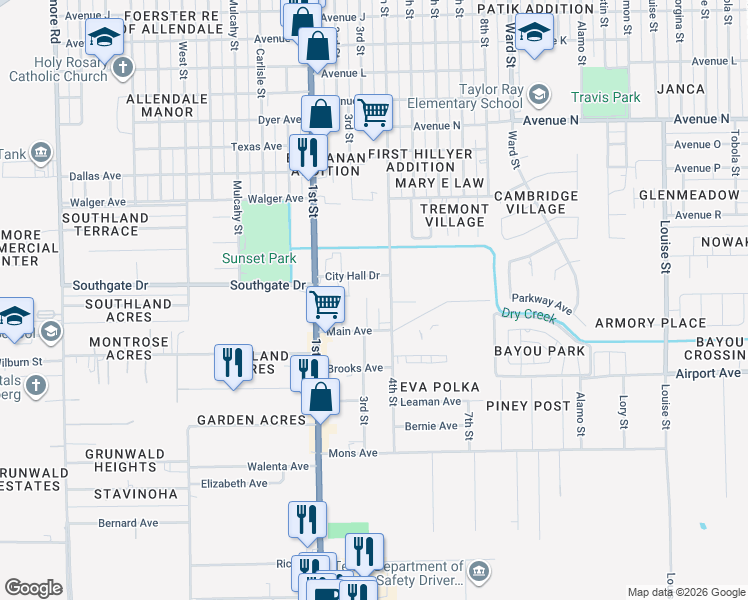 map of restaurants, bars, coffee shops, grocery stores, and more near 2202 3rd Street in Rosenberg