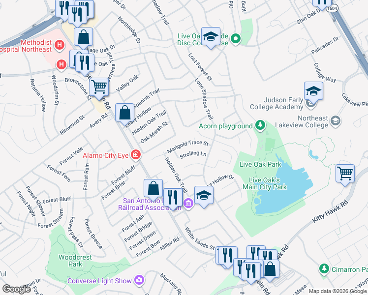 map of restaurants, bars, coffee shops, grocery stores, and more near 7622 Marigold Trace Street in Live Oak