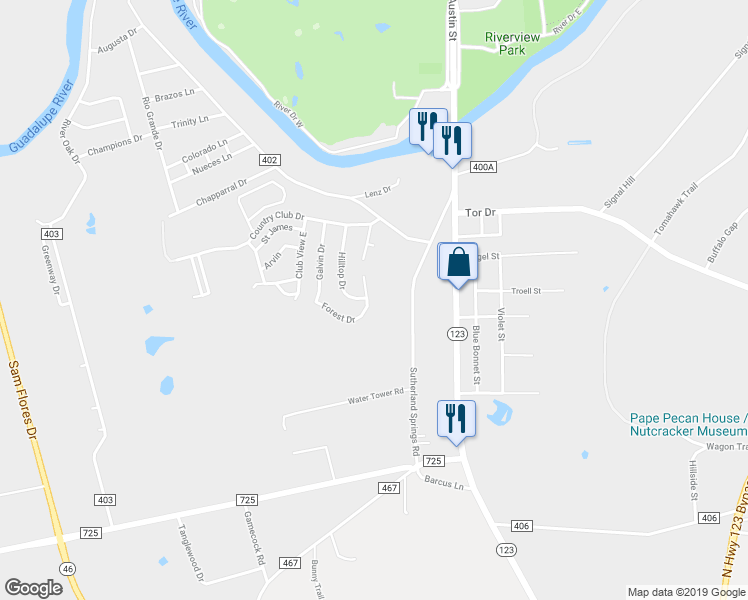 map of restaurants, bars, coffee shops, grocery stores, and more near 1005 Creekside Street in Seguin