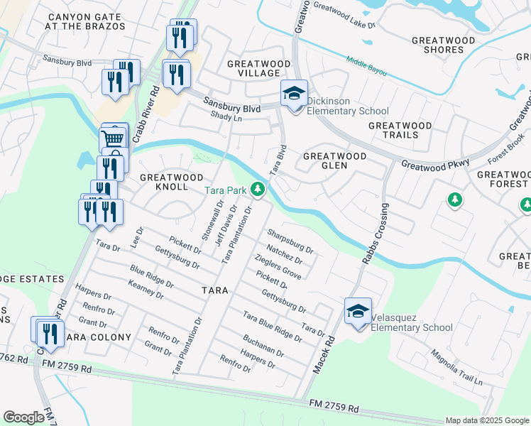 map of restaurants, bars, coffee shops, grocery stores, and more near 702 Tara Plantation Drive in Richmond