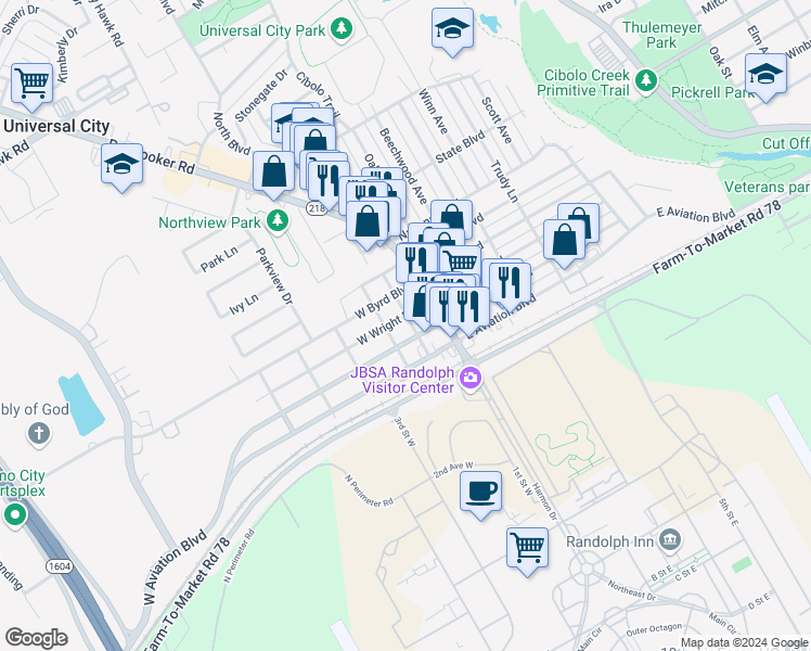 map of restaurants, bars, coffee shops, grocery stores, and more near 313 Houston Drive in San Antonio