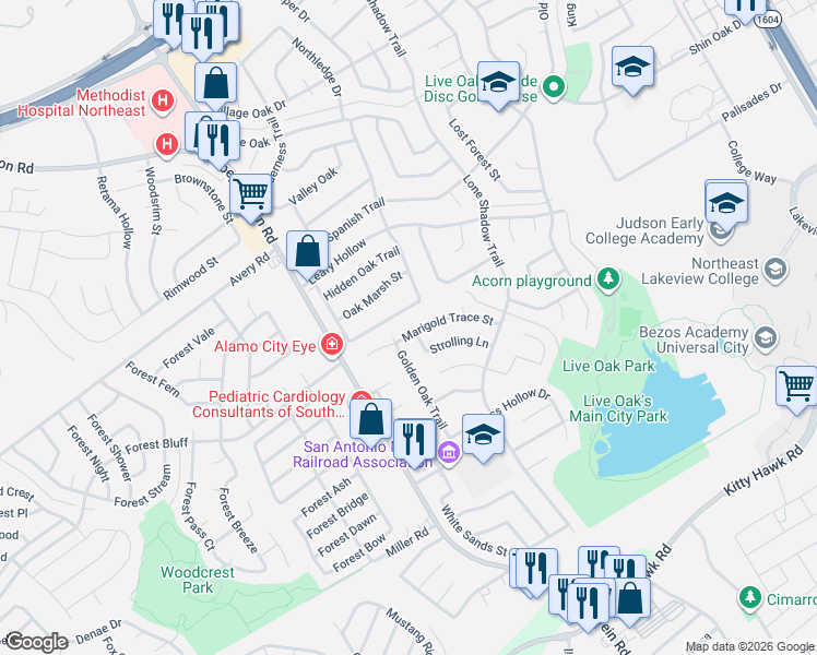 map of restaurants, bars, coffee shops, grocery stores, and more near 7642 Antique Oak Street in Live Oak