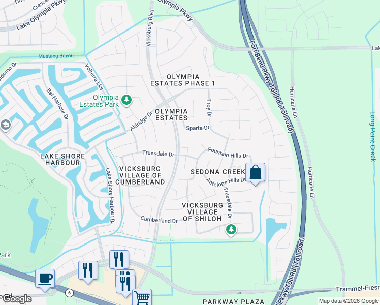 map of restaurants, bars, coffee shops, grocery stores, and more near 2718 Sedona Creek Drive in Missouri City