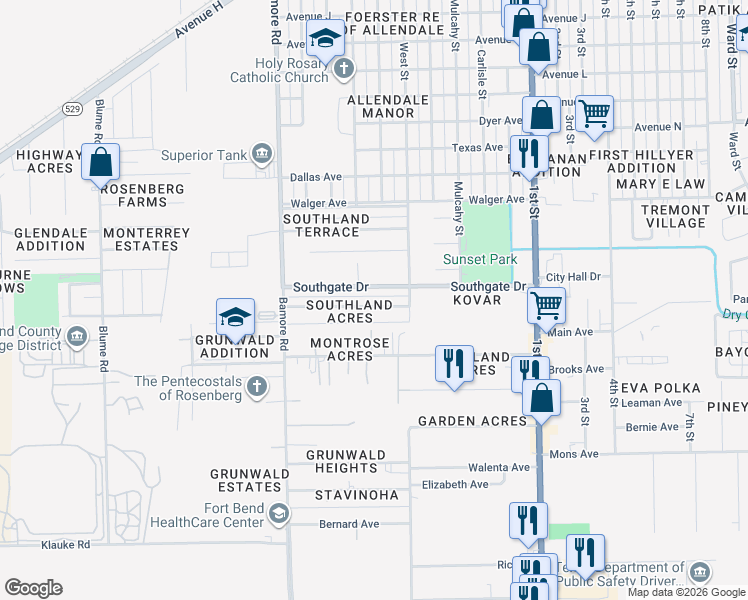 map of restaurants, bars, coffee shops, grocery stores, and more near 1111 Magnolia Drive in Rosenberg