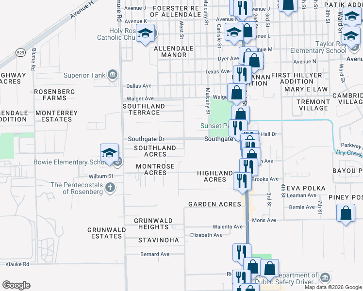 map of restaurants, bars, coffee shops, grocery stores, and more near 1219 Magnolia Drive in Rosenberg