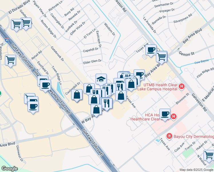 map of restaurants, bars, coffee shops, grocery stores, and more near 780 West Bay Area Boulevard in Webster